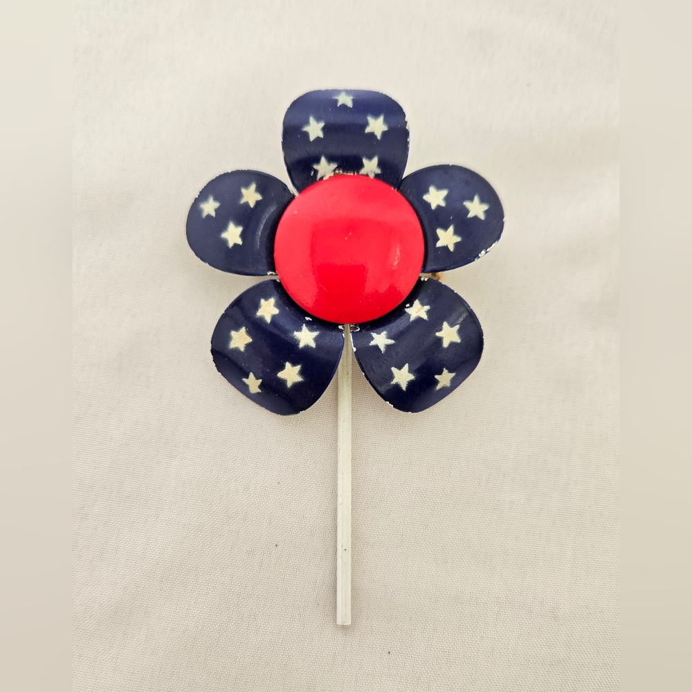 Vintage Mid Century Metal Enamel Flower Brooch w/ Stem Red White Blue w/ Stars